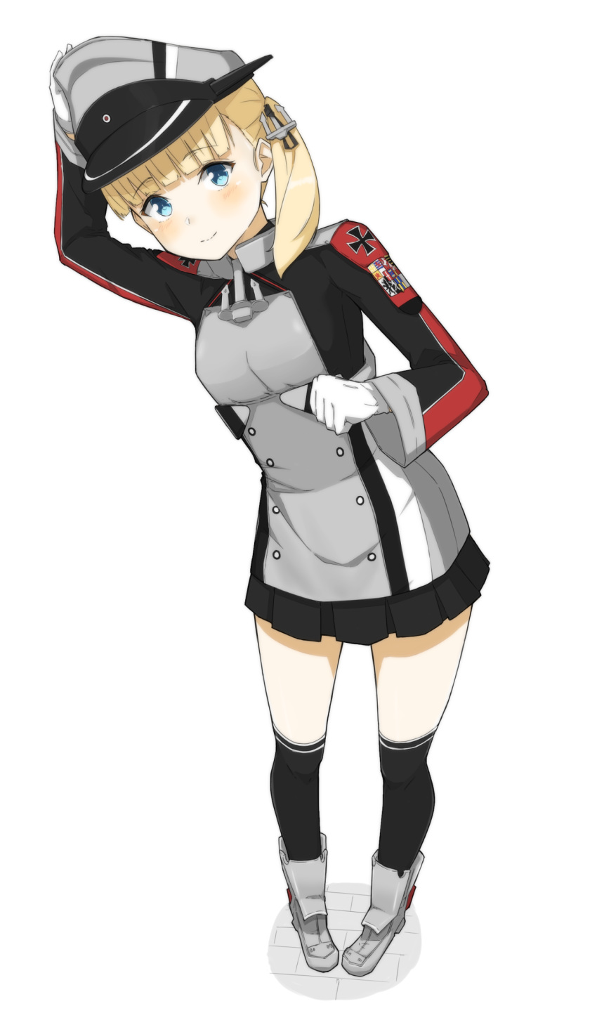 1girl alternate_costume anchor_hair_ornament bangs bigkwl black_legwear black_skirt blonde_hair blue_eyes blunt_bangs commentary_request cosplay gloves hair_ornament hat highres iron_cross kantai_collection long_hair microskirt military military_uniform over-kneehighs peaked_cap pleated_skirt prinz_eugen_(kantai_collection) prinz_eugen_(kantai_collection)_(cosplay) shin'you_(kantai_collection) side_ponytail skirt smile solo standing thigh-highs uniform white_gloves