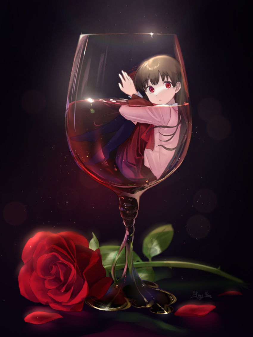 1girl amaya_kiku black_background black_legwear brown_hair cup drinking_glass flower full_body highres ib ib_(ib) in_container in_cup leg_hug petals pink_shirt red_eyes red_neckwear rose shirt sitting solo wine_glass