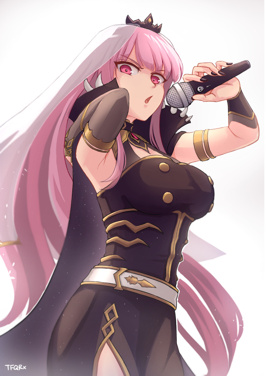 1girl absurdres armband armpits bangs belt black_dress black_nails blunt_bangs breasts dress eyebrows_visible_through_hair gem highres hololive hololive_english large_breasts long_hair looking_at_viewer microphone mori_calliope music open_mouth pink_eyes pink_hair rapping shoulder_spikes simple_background singing solo spikes tfqr veil virtual_youtuber white_background