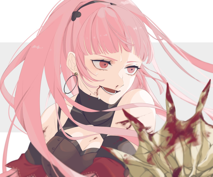 1girl axe blood bloody_weapon earrings fire_emblem fire_emblem:_three_houses freikugel_(weapon) highres hilda_valentine_goneril jewelry long_hair nuinui41 open_mouth pink_eyes pink_hair ponytail simple_background solo upper_body weapon