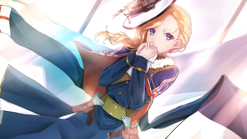 1girl alicia_(schrdingerscat) azur_lane blonde_hair blue_capelet blue_eyes capelet commentary commentary_request earrings hands_together hat hood_(azur_lane) jewelry long_hair looking_at_viewer smile solo sunlight union_jack
