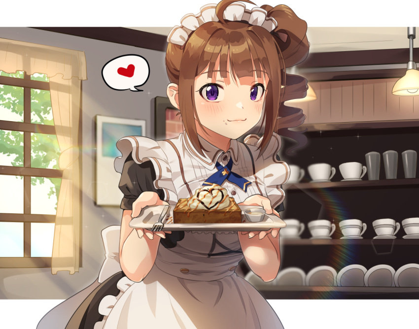 1girl :3 alternate_costume apron brown_hair drill_hair enmaided food food_on_face fork heart holding idolmaster idolmaster_million_live! idolmaster_million_live!_theater_days indoors kamille_(vcx68) looking_at_viewer maid maid_apron maid_headdress plate side_ponytail solo spoken_heart violet_eyes yokoyama_nao