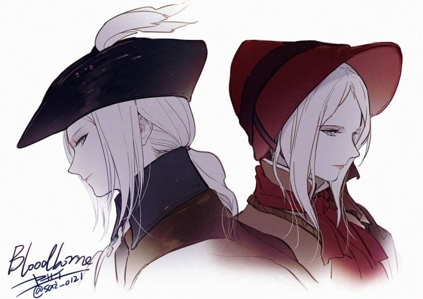 2girls black_headwear bloodborne bonnet commentary_request copyright_name cropped_shoulders from_side grey_eyes hat hat_feather lady_maria_of_the_astral_clocktower looking_at_viewer low_ponytail medium_hair multiple_girls plain_doll ponytail portrait profile red_headwear signature simple_background the_old_hunters tricorne white_background white_hair yasai_(getsu)