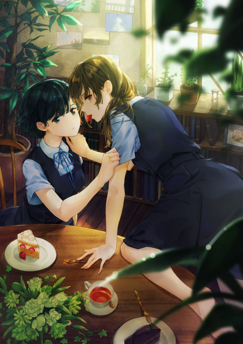 2girls absurdres black_hair brown_hair cake cake_slice food grey_eyes highres indoors kiss long_hair multiple_girls original red_eyes school_uniform short_hair tachibana_komoro tea twintails uniform yuri