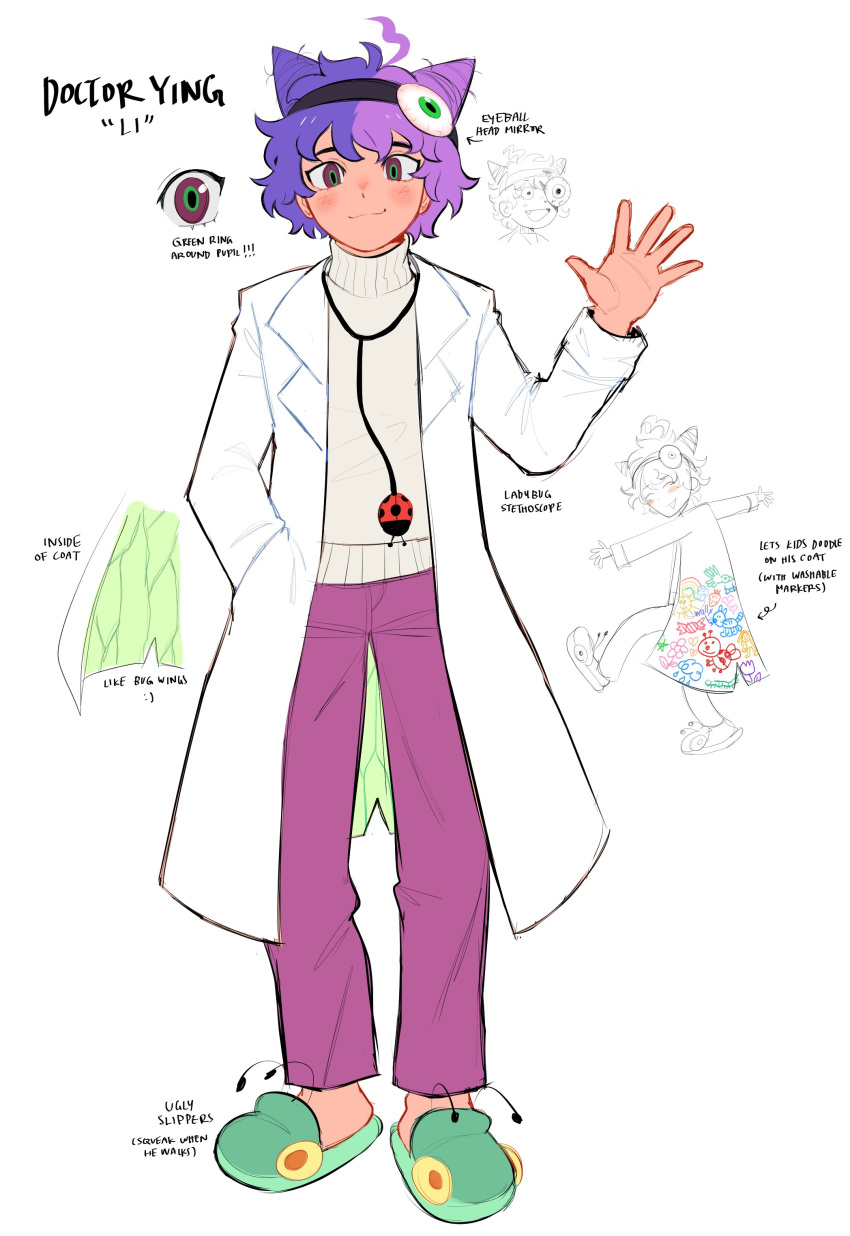 1boy absurdres arrow_(symbol) blush brown_eyes closed_mouth hairband hand_in_pocket highres labcoat long_sleeves looking_at_viewer messy_hair original pants purple_hair purple_pants s0rrysap short_hair slippers smile solo stethoscope sweater white_sweater