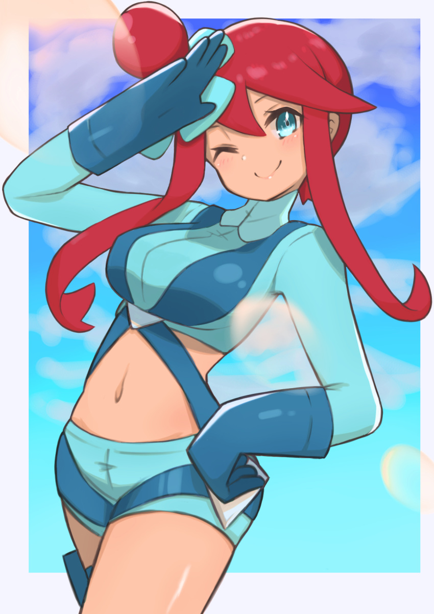 1girl aqua_eyes aqua_shorts blue_gloves blush breasts closed_mouth commentary_request crop_top eyelashes gloves gym_leader hair_ornament hand_on_hip hand_up highres holster long_hair midriff navel nuneno one_eye_closed pokemon pokemon_(game) pokemon_bw redhead salute short_shorts shorts sidelocks skyla_(pokemon) smile solo