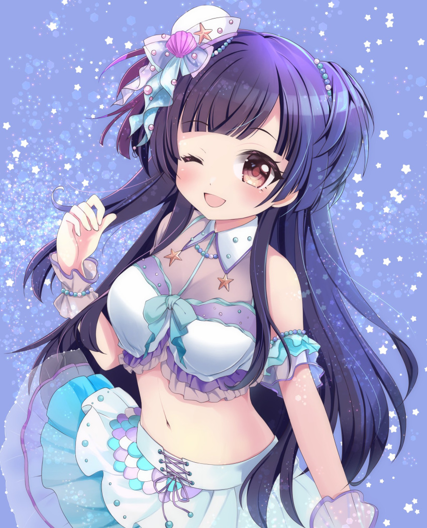 1girl bangs black_hair blunt_bangs blush brown_eyes chibitan crop_top eyebrows_visible_through_hair hat highres idolmaster idolmaster_shiny_colors long_hair looking_at_viewer mayuzumi_fuyuko midriff mini_hat navel one_eye_closed open_mouth purple_background solo two_side_up wrist_cuffs