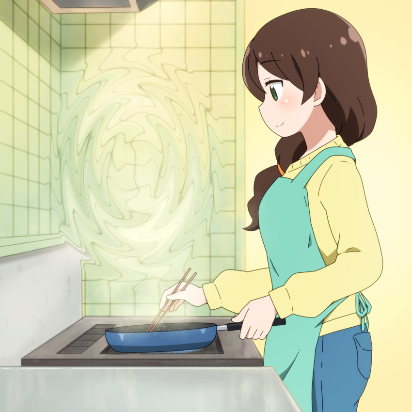 1girl apron blue_apron blue_pants blush brown_hair chopsticks closed_mouth commentary_request cooking cowboy_shot denim from_side frying_pan green_eyes highres holding holding_chopsticks jeans kobayashi-san_chi_no_maidragon long_hair long_sleeves pants profile puffy_long_sleeves puffy_sleeves sasakibe_(maidragon) shirosato smile solo standing stove sweater tile_wall tiles yellow_sweater