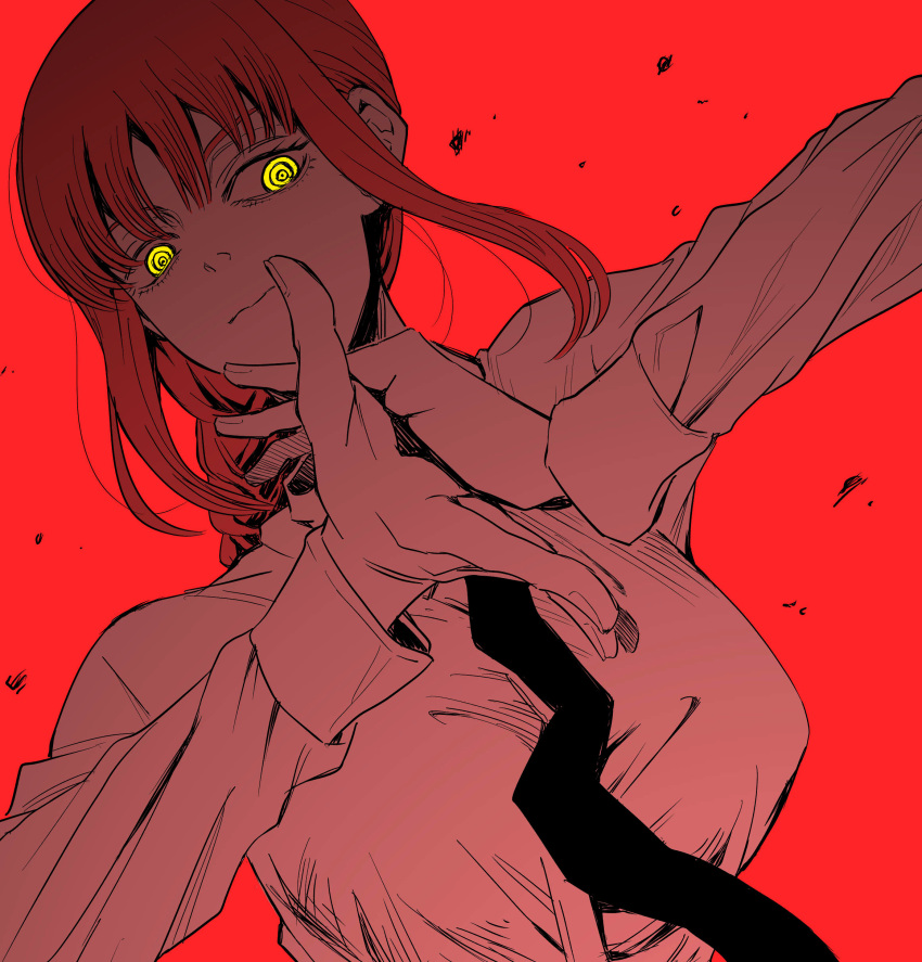 1girl absurdres bangs black_neckwear braid braided_ponytail breasts business_suit chainsaw_man collared_shirt commentary_request expressionless formal glowing glowing_eyes hand_gesture highres long_hair makima_(chainsaw_man) medium_breasts necktie red_background ringed_eyes serious sf_going_on shirt solo suit