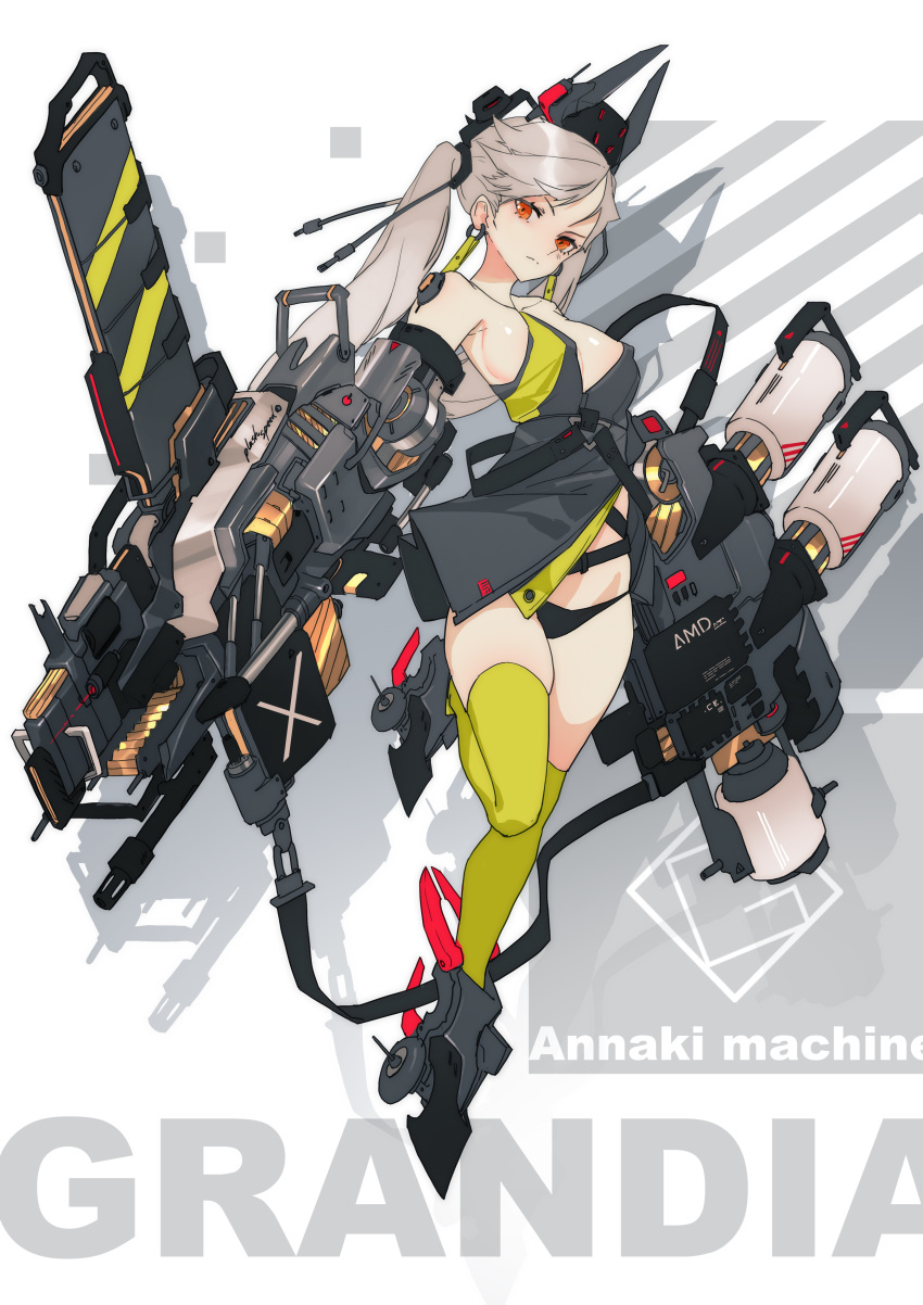 1girl absurdres artist_name background_text bangs black_dress black_headwear black_panties breasts closed_mouth dress earrings english_text frown full_body grandia_lee greaves grey_footwear grey_hair headgear highres holding holding_weapon huge_weapon jewelry leg_up long_hair looking_at_viewer mecha_musume medium_breasts original panties red_eyes shadow short_dress side_cutout skindentation solo standing standing_on_one_leg swept_bangs thigh-highs twintails underwear weapon yellow_legwear