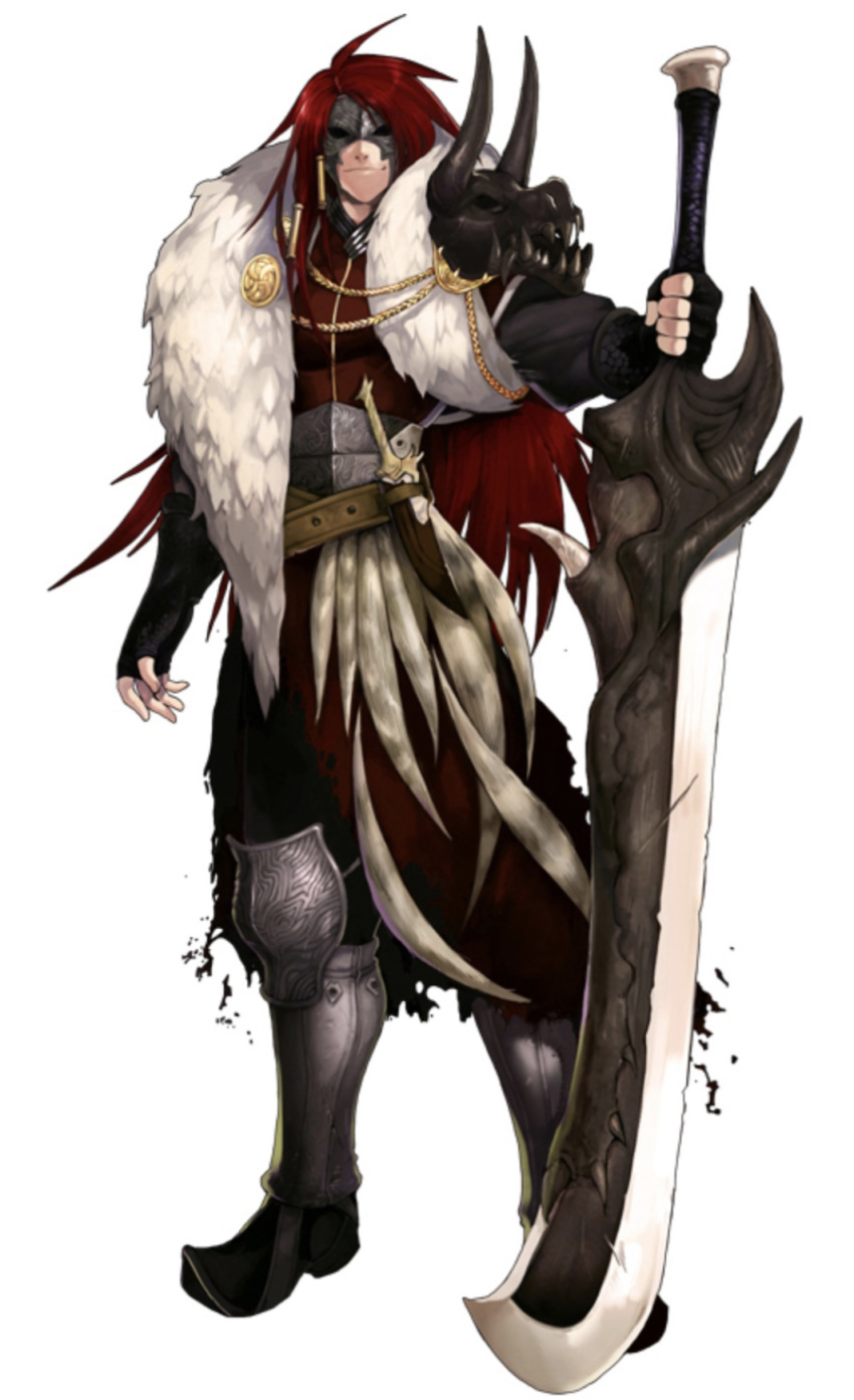 1boy azad belt boots closed_mouth dagger fur_collar hidden_eyes inotia_4:_assassin_of_berkel long_hair looking_at_viewer mask official_art oversized_weapon redhead smile solo sword