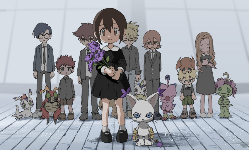 6+boys 6+girls agumon black_clothes black_dress black_suit child commentary digimon digimon_adventure dress flower formal funeral funeral_dress gabumon gomamon highres holding holding_flower ishida_yamato izumi_koushirou kido_jou looking_down multiple_boys multiple_girls muted_color necktie palmon patamon piyomon side-by-side tachikawa_mimi tailmon takaishi_takeru takenouchi_sora tantanmen tentomon yagami_hikari yagami_taichi