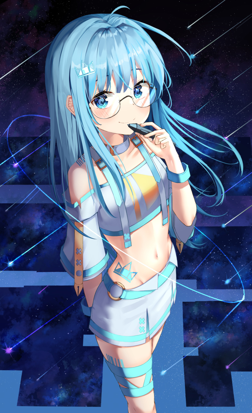 1girl ahoge bare_shoulders belt blue_eyes blue_hair breasts choker crop_top glasses grey_shirt groin hair_ornament highres holding huion long_hair long_sleeves looking_at_viewer midriff miniskirt multicolored_hair navel off-shoulder_shirt off_shoulder rimless_eyewear ruda_(ruda_e) shirt sidelocks skirt small_breasts smile solo standing stomach stomach_tattoo streaked_hair stylus tattoo thigh_strap white_choker white_skirt