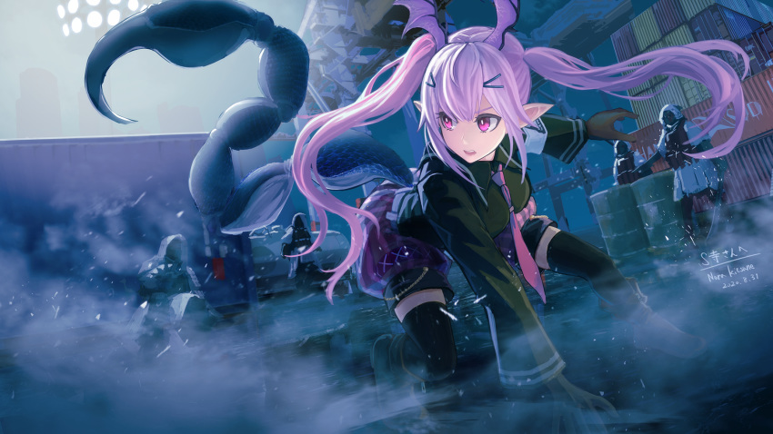 1girl 4others arknights at_fox79 barrel black_gloves black_legwear black_shirt breasts coat collared_shirt commentary_request gloves head_wings highres holding holding_weapon hooded_coat light_purple_hair long_hair long_sleeves manticore_(arknights) medium_breasts monster_girl multiple_others open_mouth outdoors pink_eyes pointy_ears reunion_soldier_(arknights) rhodes_island_logo scorpion_tail shaded_face shirt shorts snowflakes sword tactical_clothes tail twintails weapon white_coat