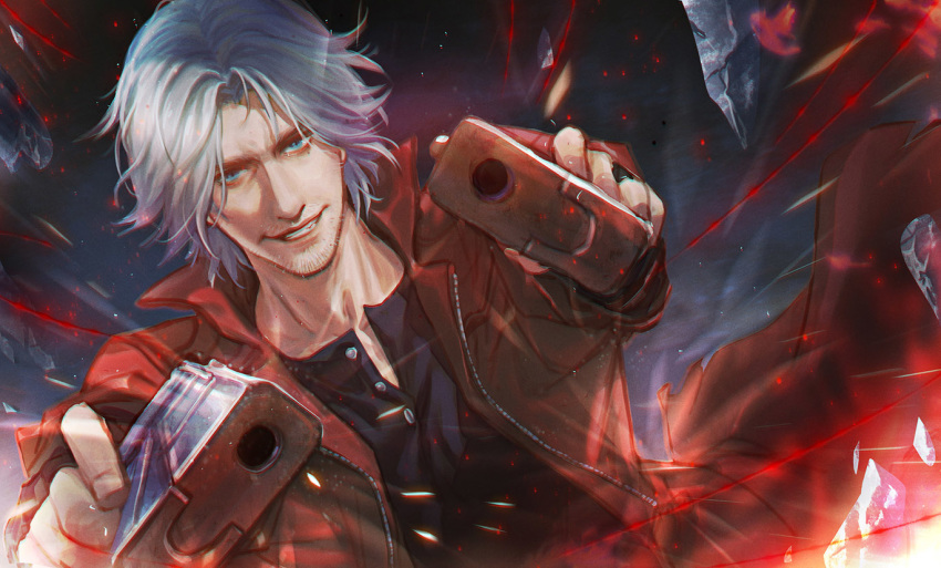 1boy black_gloves blue_eyes broken_glass coat dante_(devil_may_cry) devil_may_cry devil_may_cry_5 dual_wielding facial_hair fingerless_gloves fingernails fulushouxijixiangcha glass gloves grey_hair gun holding holding_gun holding_weapon male_focus open_clothes open_coat parted_lips red_coat shatter smile solo stubble teeth upper_body weapon zipper