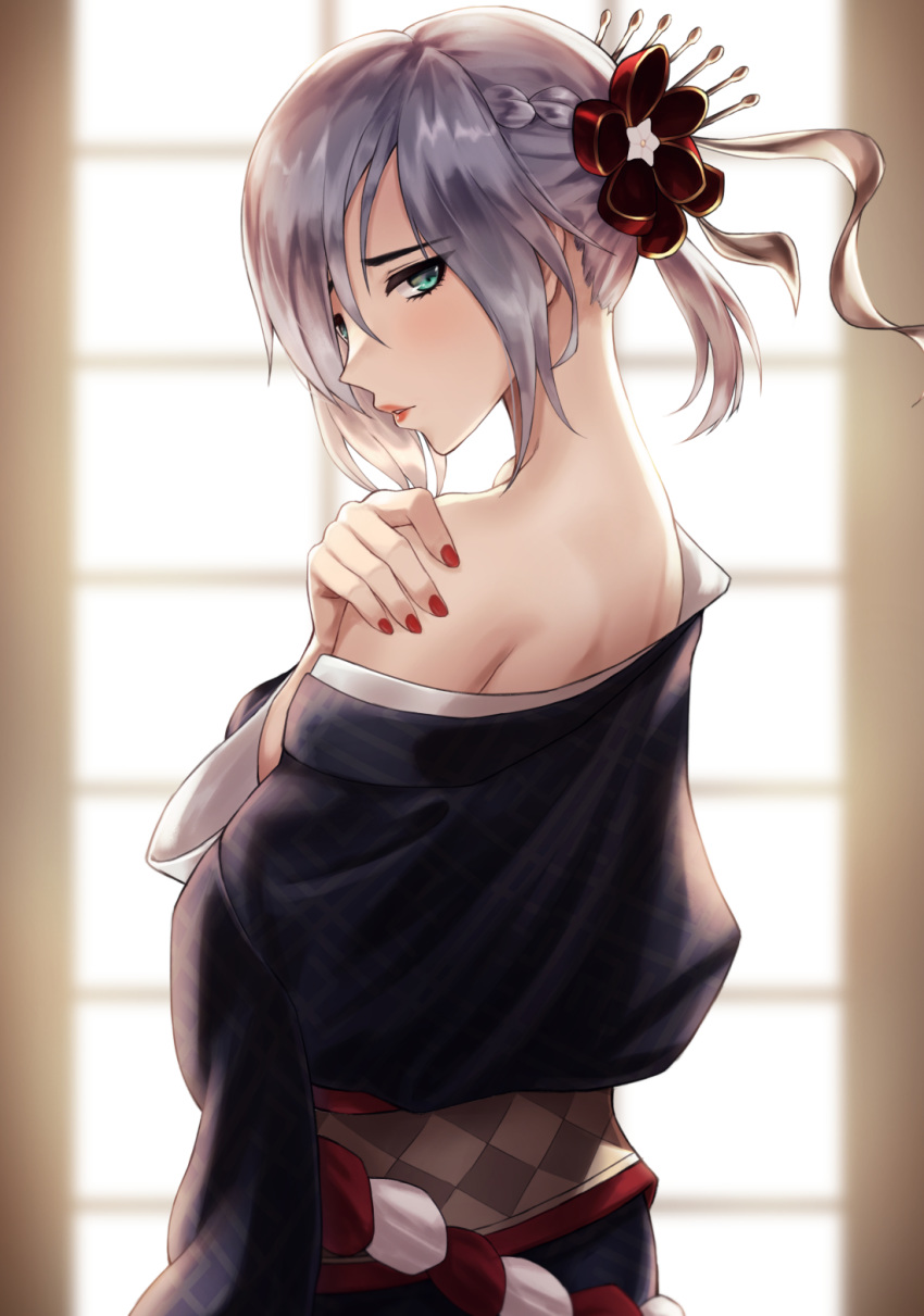 1girl angdo_(kakajo26) bangs bare_shoulders blurry braid commentary flower from_side girls_frontline hair_flower hair_ornament hand_on_own_shoulder hand_up highres japanese_clothes kimono lips looking_at_viewer mg5_(girls_frontline) nail_polish obi off-shoulder_kimono off_shoulder parted_lips red_flower red_nails sash short_hair silver_hair solo upper_body