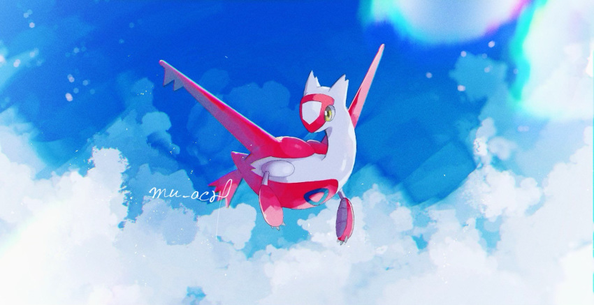 above_clouds claws closed_mouth clouds flying full_body gen_3_pokemon hanenbo highres latias legendary_pokemon looking_to_the_side no_humans outdoors pokemon pokemon_(creature) signature sky symbol_commentary yellow_eyes