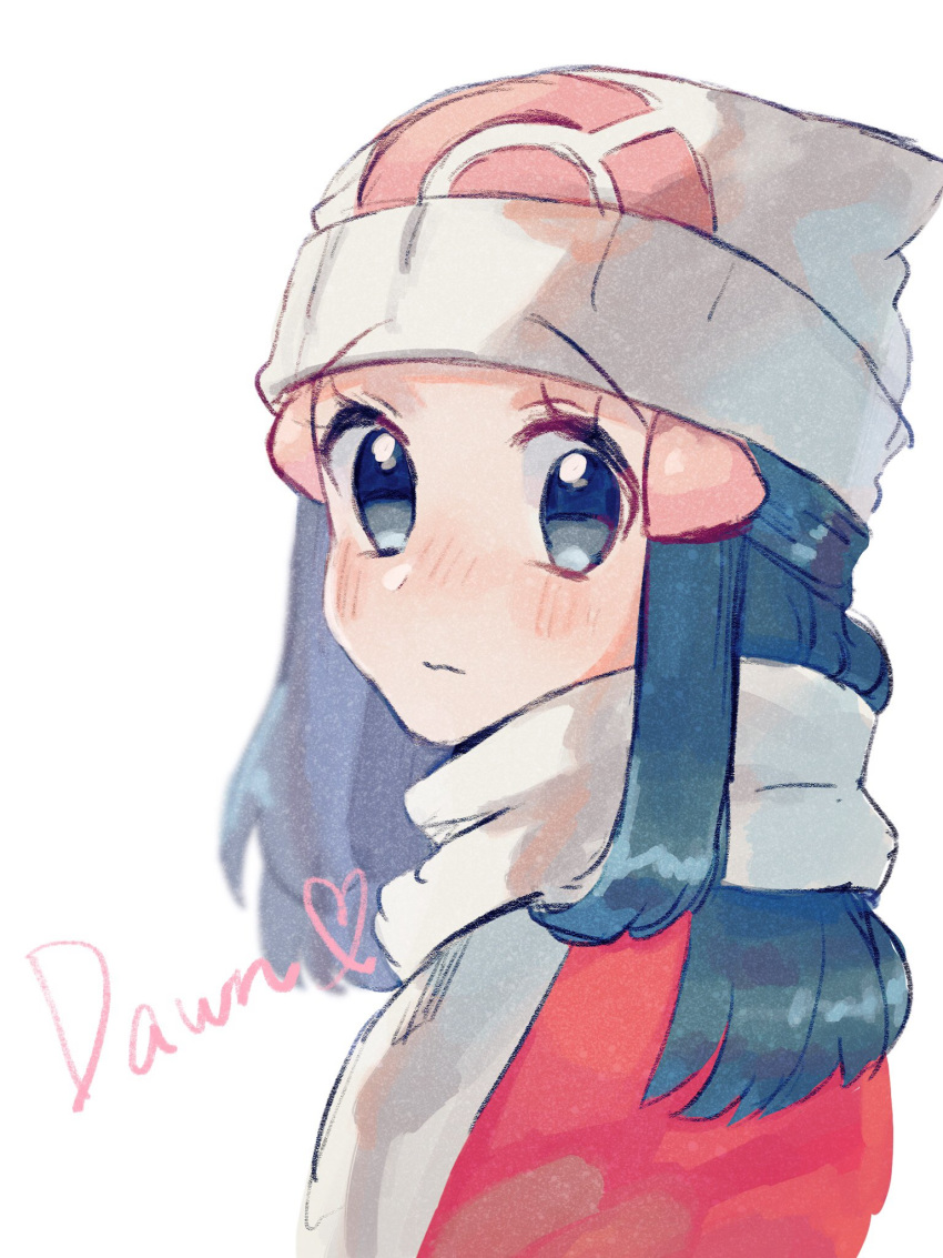 1girl beanie black_hair blurry blush character_name closed_mouth coat commentary_request hikari_(pokemon) eyelashes grey_eyes hair_ornament hairclip hanenbo hat highres long_hair looking_at_viewer pokemon pokemon_(game) pokemon_dppt pokemon_platinum red_coat scarf sidelocks solo upper_body white_background white_headwear white_scarf