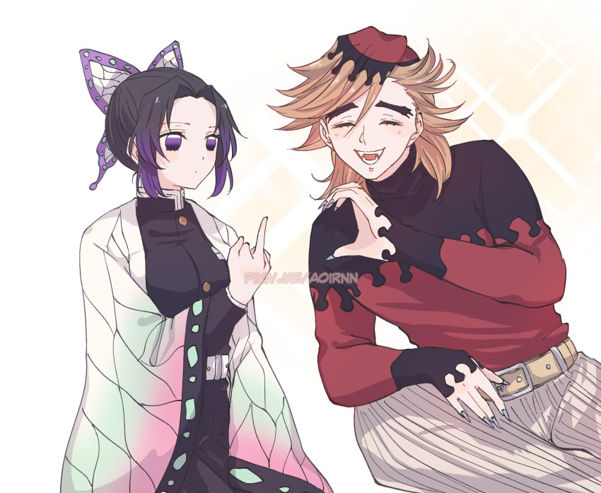 1boy 1girl animal_print aoirnn belt belt_buckle black_hair black_jacket blonde_hair blue_butterfly blue_headwear blush breasts buckle bug butterfly butterfly_hair_ornament butterfly_print douma_(kimetsu_no_yaiba) eyelashes fangs fangs_out fingernails hair_ornament haori heart heart_hands highres insect jacket japanese_clothes kimetsu_no_yaiba kochou_shinobu long_sleeves medium_breasts middle_finger no_hat no_headwear pants smile thick_eyebrows turtleneck violet_eyes white_belt white_pants