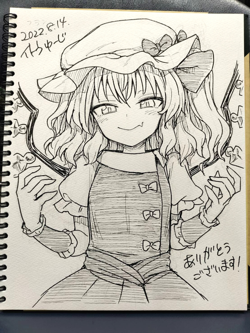 1girl blush bow closed_mouth dated fang flandre_scarlet hair_bow hat highres itou_yuuji looking_at_viewer medium_hair mob_cap nib_pen_(medium) photo_(medium) signature skin_fang skirt smile smug solo touhou traditional_media twintails vest wings wristband