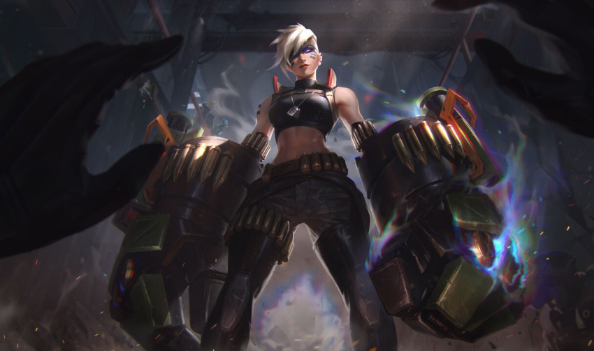 1girl breasts camouflage camouflage_pants crop_top dog_tags earrings facial_mark gauntlets jewelry league_of_legends looking_at_viewer medium_breasts midriff navel official_art pants pov raikoart short_hair solo_focus vi_(league_of_legends) white_hair