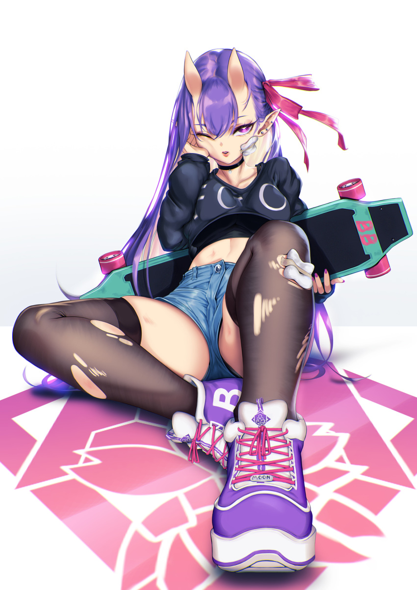 bandages bb_(fate)_(all) bb_(fate/extra_ccc) blueorca choker denim denim_shorts fate/grand_order fate_(series) hair_between_eyes highres midriff one_eye_closed oni shoes short_shorts shorts skateboard sneakers thigh-highs torn_clothes torn_legwear
