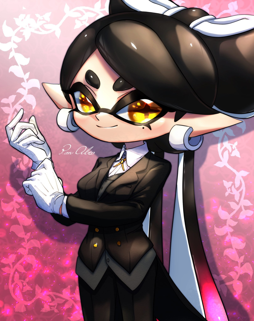 +_+ 1girl adjusting_clothes adjusting_gloves altoooooon aori_(splatoon) artist_name bangs black_hair black_jacket black_pants blazer butler check_commentary coattails commentary_request domino_mask dress_shirt earrings gloves gradient_hair grey_vest highres ivy jacket jewelry long_hair looking_at_viewer mask mole mole_under_eye multicolored_hair neck_ribbon pants pointy_ears purple_background purple_hair ribbon shirt signature solo splatoon_(series) standing standing_on_one_leg swept_bangs tentacle_hair tied_hair very_long_hair vest white_gloves white_shirt wing_collar yellow_eyes yellow_neckwear