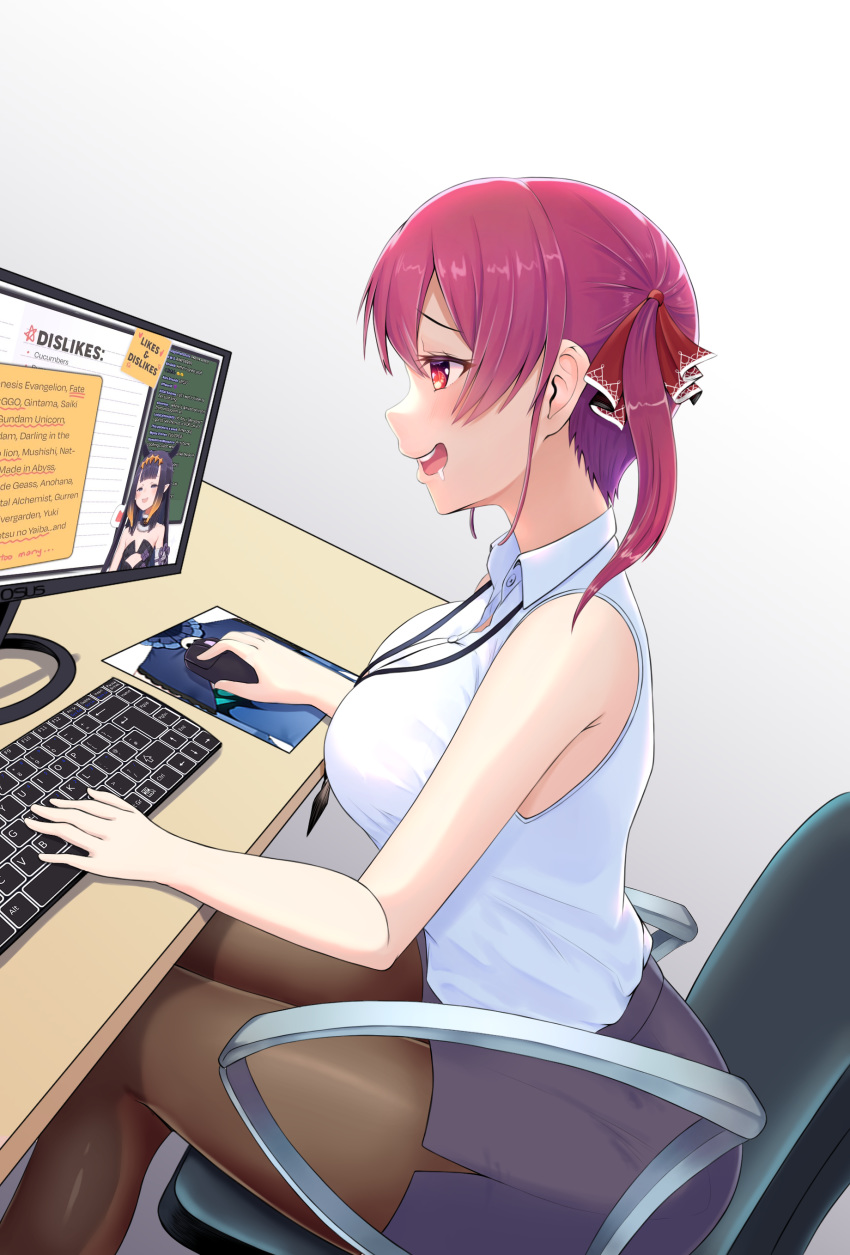 2girls absurdres bangs bare_arms bare_shoulders black_skirt breasts brown_legwear chair computer drooling dutch_angle from_side gradient gradient_background grey_background hair_ribbon highres hololive houshou_marine keyboard_(computer) leaning_forward miniskirt monitor mouse_(computer) multiple_girls neho-kun ninomae_ina'nis office_chair open_mouth pantyhose pencil_dress pencil_skirt profile red_eyes red_ribbon redhead ribbon saliva shirt sitting skirt sleeveless sleeveless_shirt smile solo_focus twintails upper_teeth virtual_youtuber white_shirt