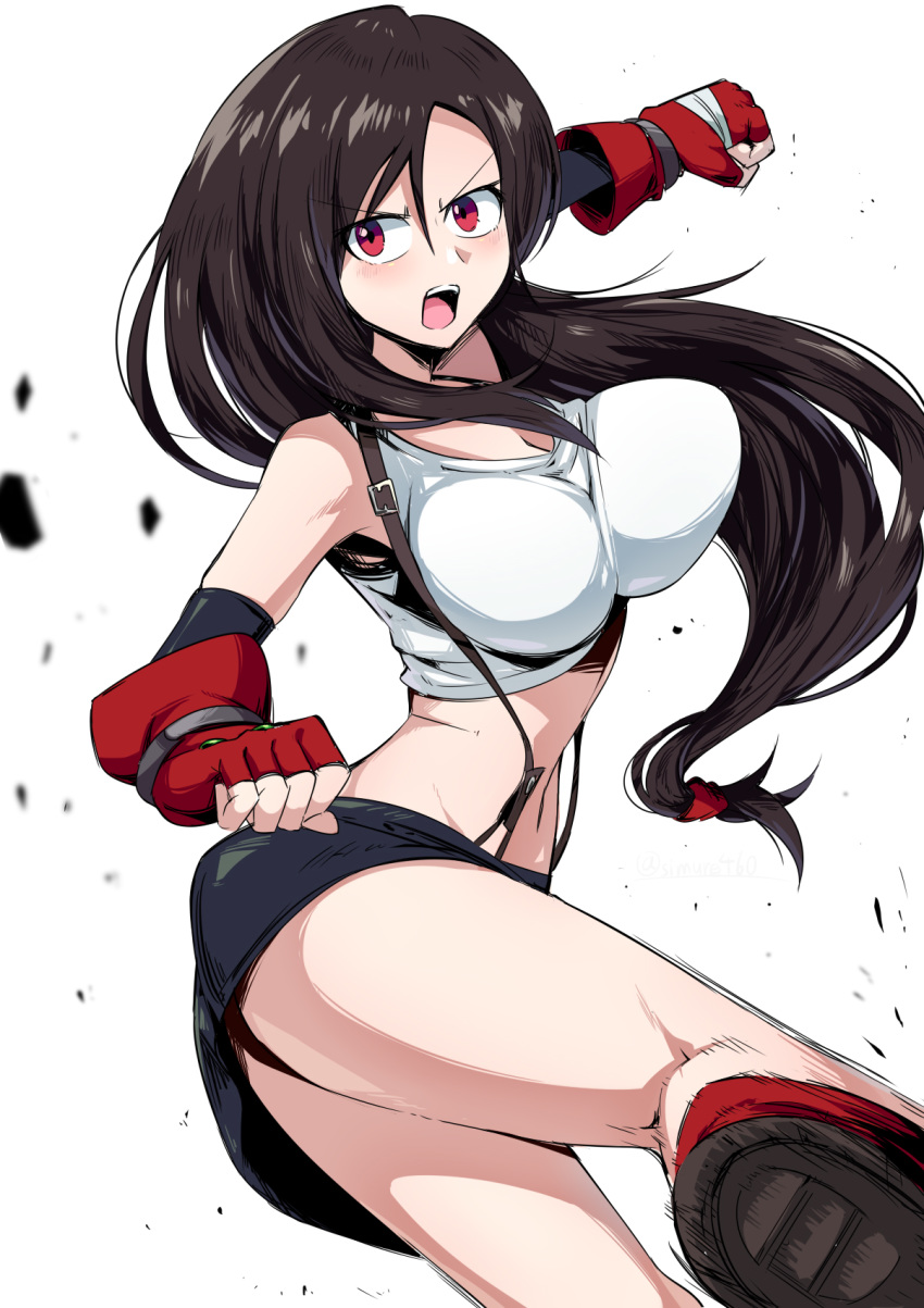 1girl black_hair bouncing_breasts breasts clenched_hands commentary crop_top final_fantasy final_fantasy_vii fingerless_gloves floating_hair gloves highres jumping large_breasts long_hair looking_back midriff navel red_eyes red_gloves shimure_(460) short_shorts shorts solo suspenders tifa_lockhart twisted_torso white_background
