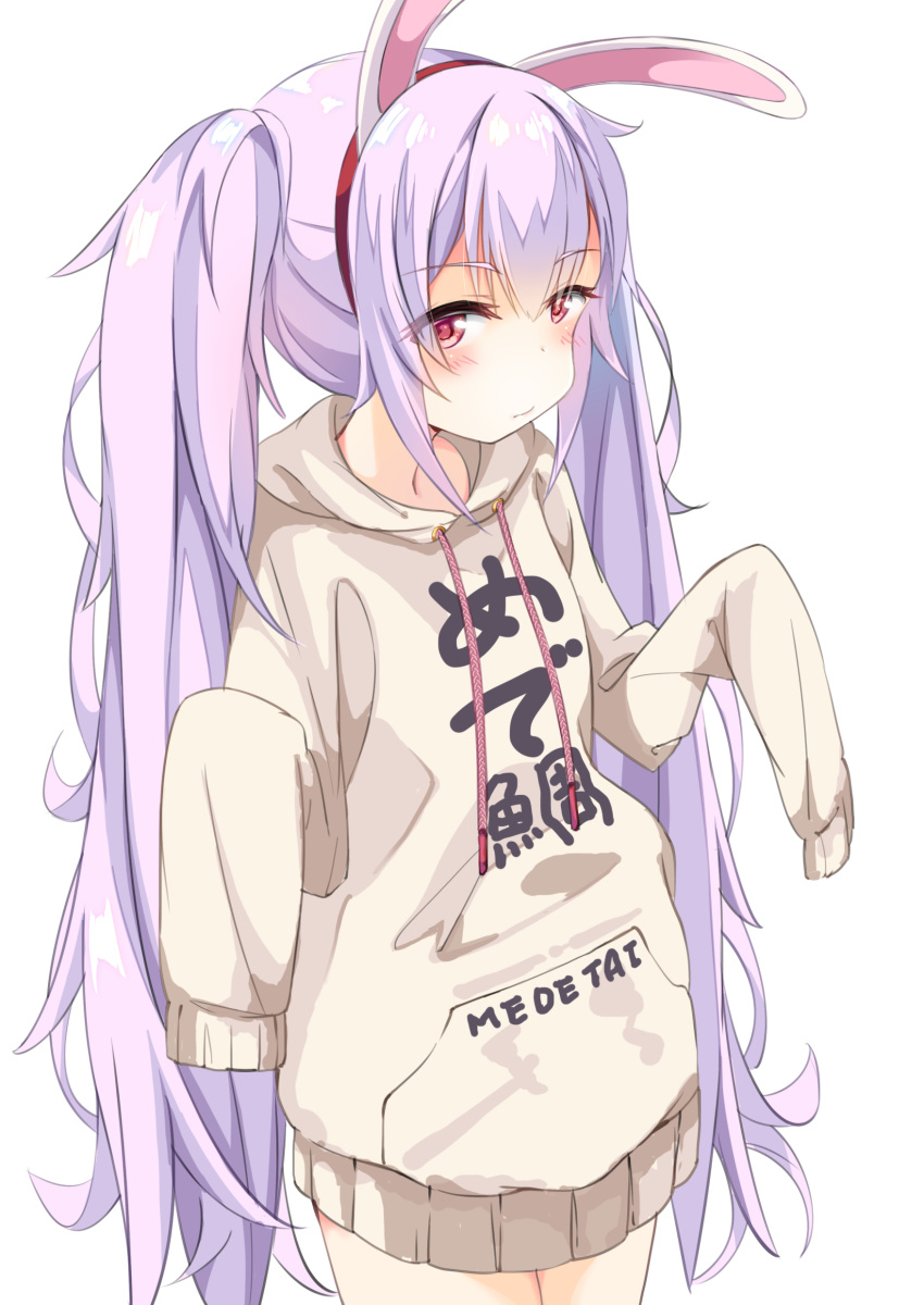 1girl absurdres animal_ears arms_up azur_lane blush clothes_writing commentary_request hairband highres hikyac hood hoodie laffey_(azur_lane) lavender_background long_hair looking_at_viewer rabbit_ears red_eyes sleeves_past_wrists solo translation_request twintails upper_body