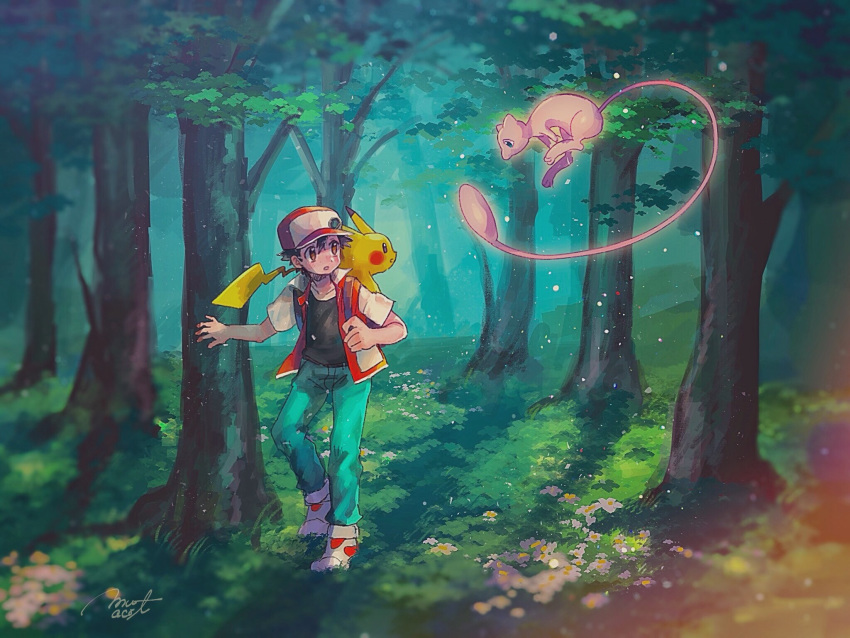 1boy :o backpack badge bag baseball_cap black_hair blush brown_eyes commentary_request day flower forest gen_1_pokemon glowing grass green_pants hanenbo hat highres jacket looking_to_the_side mew mythical_pokemon nature outdoors pants pikachu pokemon pokemon_(creature) pokemon_(game) pokemon_on_back pokemon_rgby red_(pokemon) shoes short_sleeves sneakers standing tree white_flower