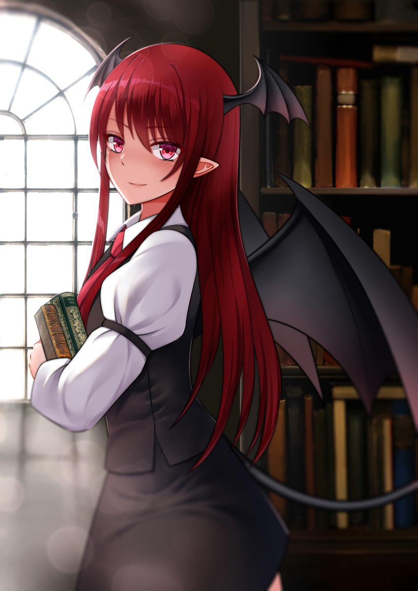 1989064 1girl absurdres black_dress black_skirt black_vest black_wings book book_hug bookshelf closed_mouth collared_shirt demon_girl demon_tail demon_wings dress from_side head_wings highres holding holding_book indoors koakuma lens_flare light_smile long_hair long_sleeves looking_at_viewer necktie pointy_ears red_eyes red_neckwear redhead shirt sidelocks skirt solo tail touhou vest white_shirt window wing_collar wings