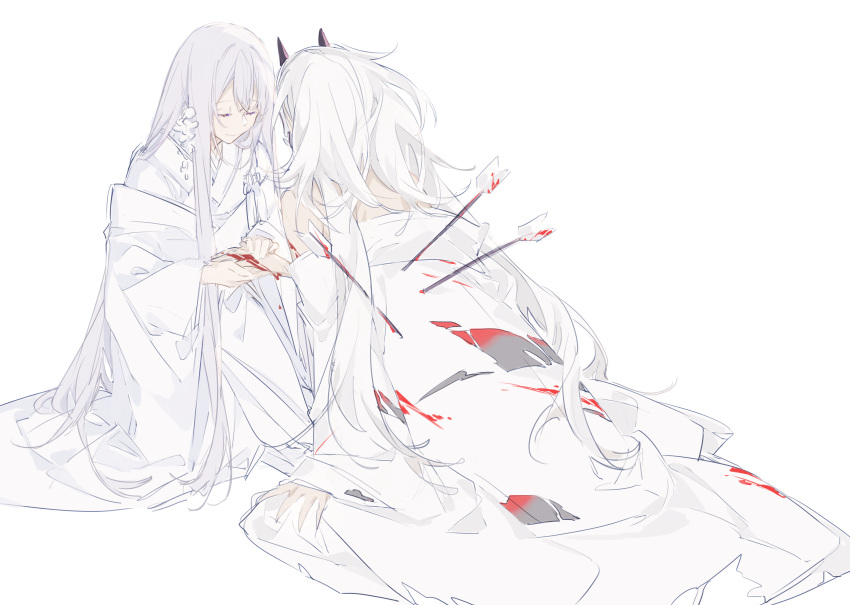1boy 1girl absurdres arrow_in_body bangs blood bloody_hands closed_eyes closed_mouth flower grey_hair hair_flower hair_ornament highres holding_hand horns japanese_clothes kimono light_smile long_hair long_sleeves miyuki_(miyuki0529) original simple_background sleeves_past_wrists very_long_hair white_background white_flower white_hair white_kimono wide_sleeves