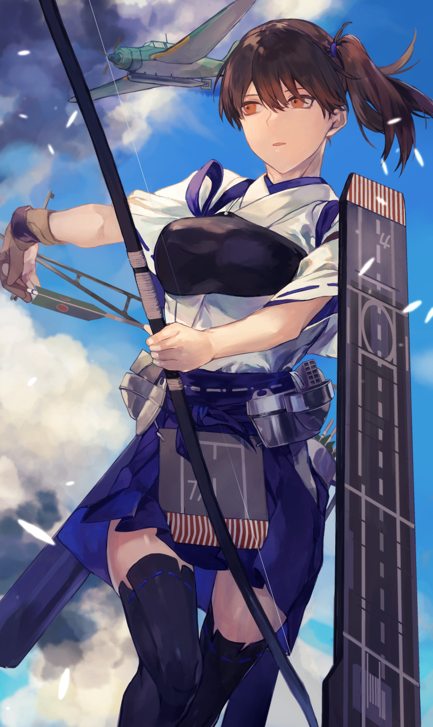 1girl absurdres aircraft aircraft_request airplane apron blue_hakama blue_sky brown_eyes brown_gloves brown_hair clouds commentary_request cowboy_shot day flight_deck fukazaki gloves hakama hakama_skirt highres japanese_clothes kaga_(kantai_collection) kantai_collection long_hair looking_to_the_side muneate outdoors partly_fingerless_gloves quiver remodel_(kantai_collection) side_ponytail single_glove sky solo tasuki thigh-highs yugake yumi_(bow)