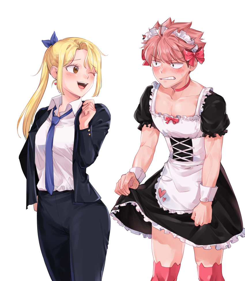 1boy 1girl blonde_hair blush bow breasts brown_eyes choker collarbone commentary_request crossdressinging earrings embarrassed eyebrows_visible_through_hair fairy_tail formal ft_0_ne hair_bow heart heart_earrings highres jewelry korean_commentary long_sleeves looking_at_another lucy_heartfilia maid maid_headdress medium_breasts natsu_dragneel necktie one_eye_closed open_mouth pink_hair ponytail short_sleeves simple_background standing suit teeth thigh-highs tongue white_background wrist_cuffs