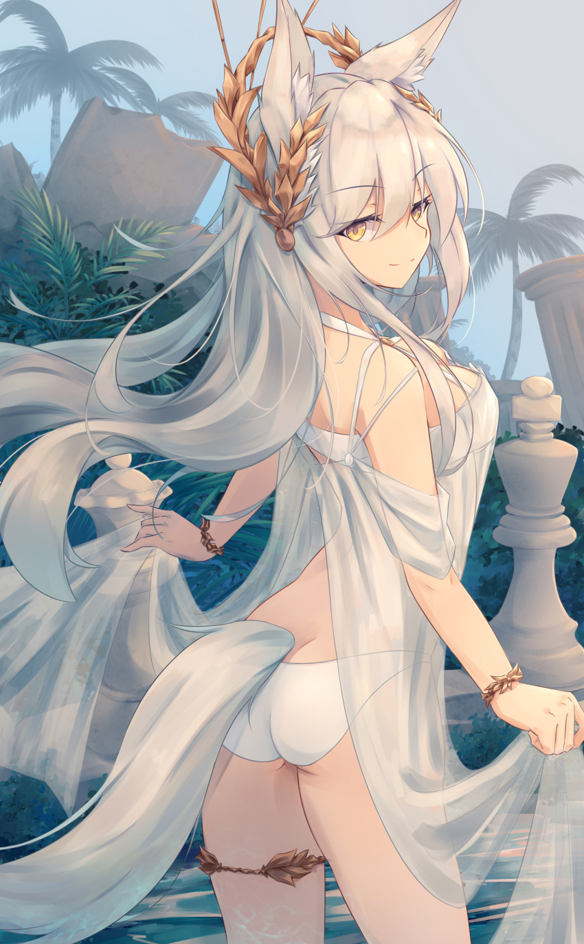 1girl absurdres animal_ears anklet arched_back arknights ass bikini bracelet cowboy_shot day floating_hair hair_between_eyes hair_ornament highres horse_ears horse_tail jewelry long_hair looking_at_viewer looking_back outdoors platinum_(arknights) see-through silver_hair smile solo standing swimsuit tail thighs trimbil white_bikini yellow_eyes