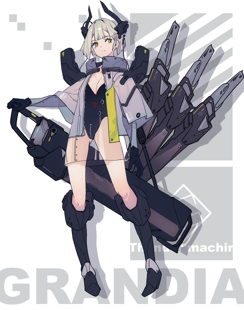 1girl absurdres artist_name background_text bangs black_footwear black_gloves black_horns black_leotard blunt_bangs bob_cut boots breasts carrying closed_mouth coat english_text full_body gloves grandia_lee greaves grey_coat hand_on_weapon highres horns huge_weapon knee_boots leotard light_frown long_sleeves looking_at_viewer mecha_musume mechanical_horns mechanical_wings medium_breasts original revision see-through shadow short_hair silver_hair solo standing weapon wings yellow_eyes