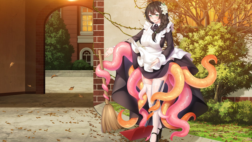 1girl ahoge apron autumn_leaves black_dress black_hair braid breasts broom bush closed_mouth dress existence flower full_body game_cg grass green_eyes hair_flower hair_ornament highres holding holding_broom holding_shovel large_breasts long_hair long_sleeves looking_at_viewer maid maid_apron monster_girl outdoors shovel single_braid slit_pupils smile solo standing tentacles thigh-highs tree uosaasou white_apron white_flower yuka_(existence)