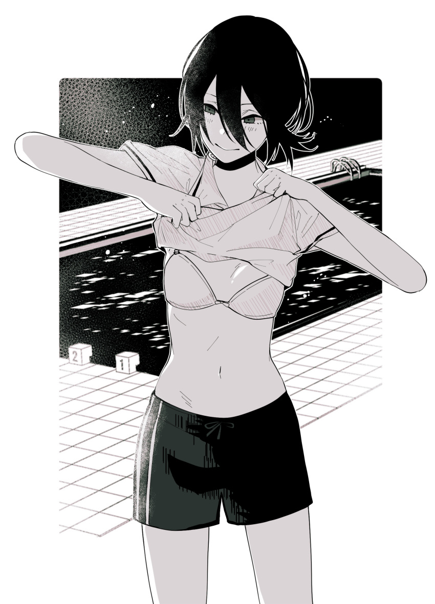 1girl absurdres bare_arms black_choker black_hair black_legwear black_shorts blush bra breasts chainsaw_man choker greyscale hair_bun hands_up highres lifted_by_self looking_to_the_side medium_breasts medium_hair monochrome pool poolside reze_(chainsaw_man) shirt shirt_lift short_hair shorts sleeveless small_breasts smile solo toukaairab underwear undressing white_bra white_shirt