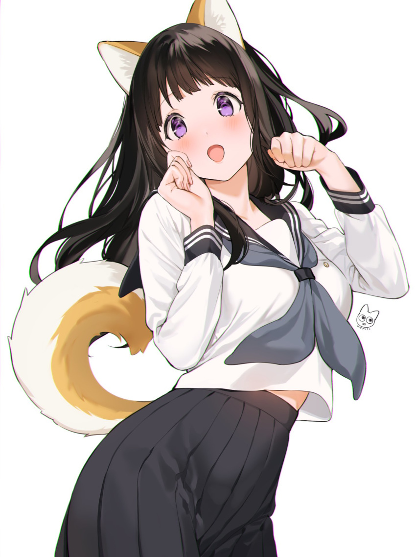 1girl :d animal_ears black_hair black_skirt chitanda_eru cowboy_shot dog_ears dog_tail eyebrows_visible_through_hair highres hyouka long_hair long_sleeves looking_at_viewer mery_(yangmalgage) neckerchief open_mouth paw_pose school_uniform serafuku shirt simple_background skirt smile solo tail violet_eyes white_background white_shirt