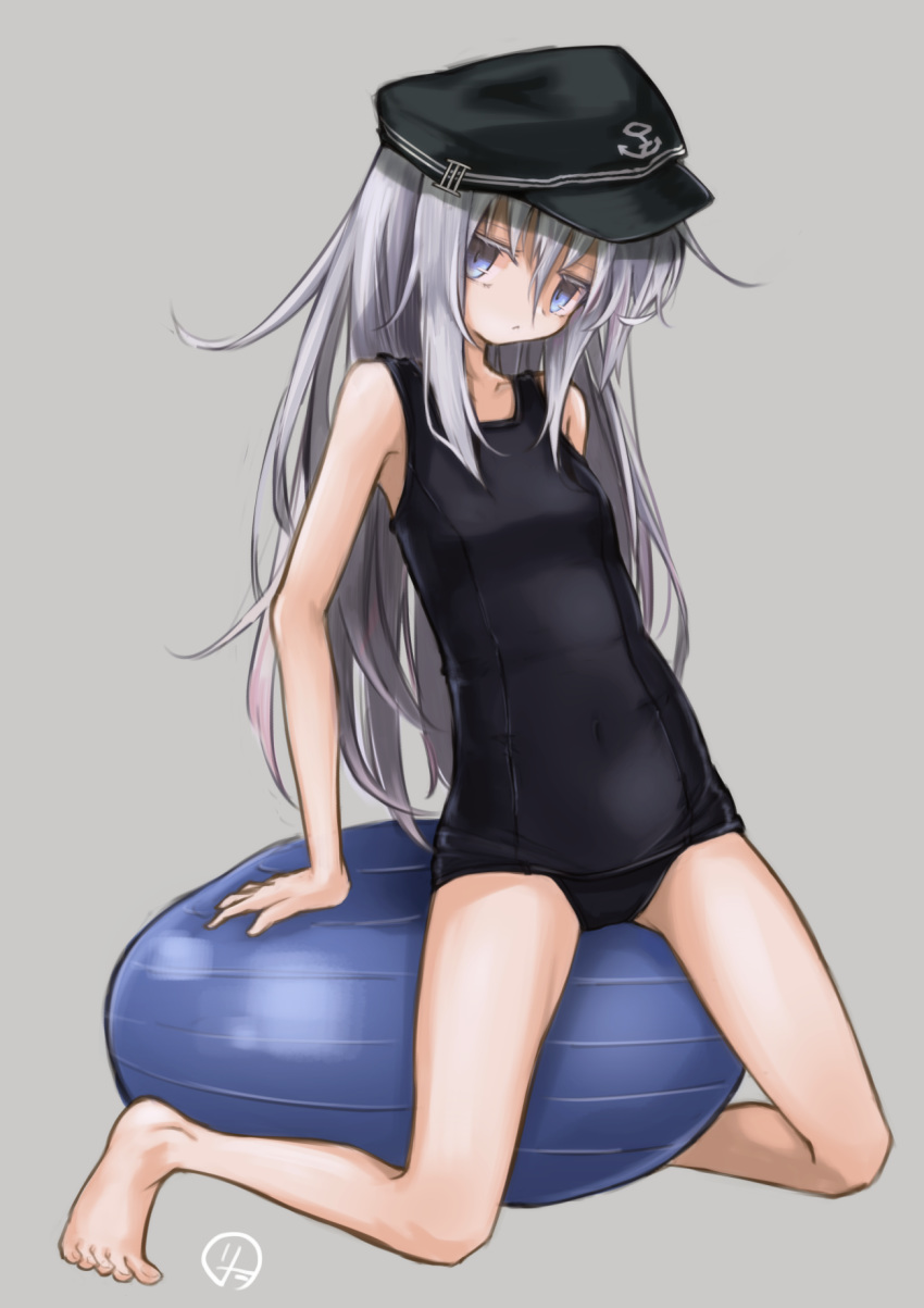 1girl black_swimsuit blue_eyes commentary_request competition_swimsuit green_hair hat hibiki_(kantai_collection) highres kantai_collection lit_ter long_hair one-piece_swimsuit school_swimsuit solo swimsuit thighs