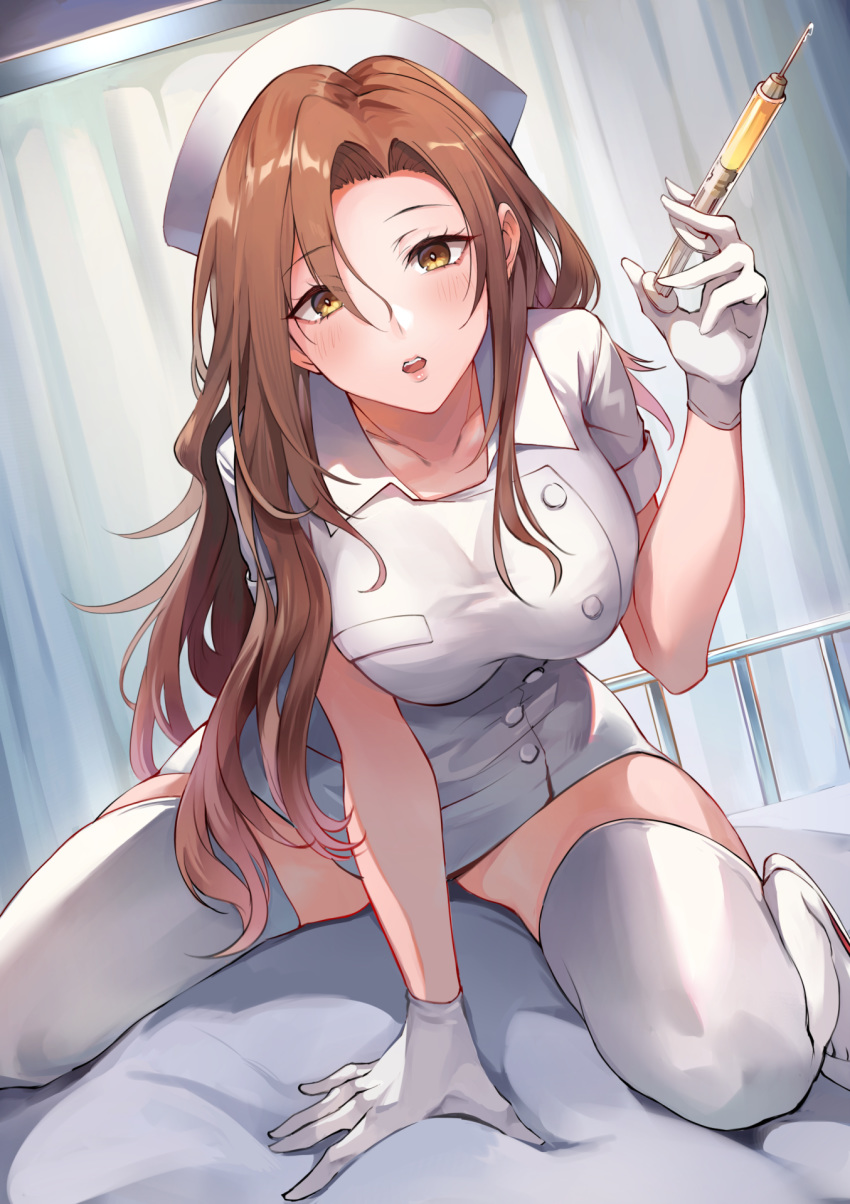 1girl bangs blush breasts brown_hair devildogs dress gloves hat highres holding holding_syringe large_breasts leaning_forward long_hair looking_at_viewer nurse nurse_cap on_bed open_mouth original sitting solo syringe thigh-highs thighs wariza white_footwear white_gloves white_legwear yellow_eyes