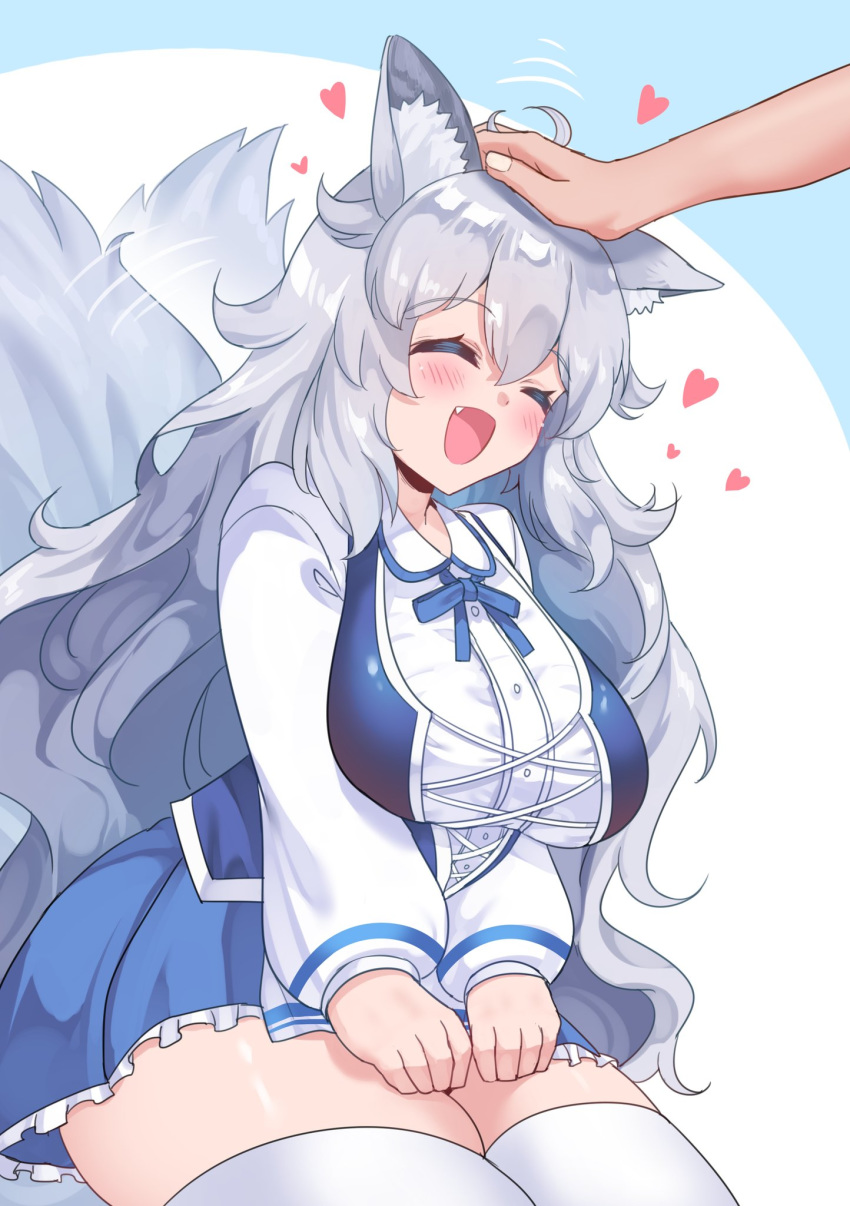 1girl ^_^ ^o^ animal_ear_fluff animal_ears blue_skirt blush breasts closed_eyes commentary commentary_request english_commentary eyebrows_visible_through_hair eyelashes fang grey_hair hair_between_eyes happy heart highres indie_virtual_youtuber large_breasts long_hair lumi_(merryweather) open_mouth petting rayno second-party_source sidelocks simple_background sitting skindentation skirt smile solo_focus tail tail_wagging thick_thighs thigh-highs thighs very_long_hair virtual_youtuber wolf_ears wolf_girl wolf_tail