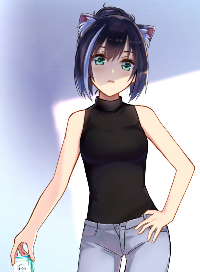 1girl absurdres animal_ear_fluff animal_ears bangs black_hair black_shirt breasts can cat_ears cowboy_shot green_eyes grey_pants hair_between_eyes highlights highres holding holding_can karyl_(princess_connect!) kemeko_(s065026) looking_at_viewer multicolored_hair open_mouth pants princess_connect! princess_connect!_re:dive shiny shiny_hair shirt short_hair sleeveless sleeveless_shirt small_breasts solo standing tied_hair white_background