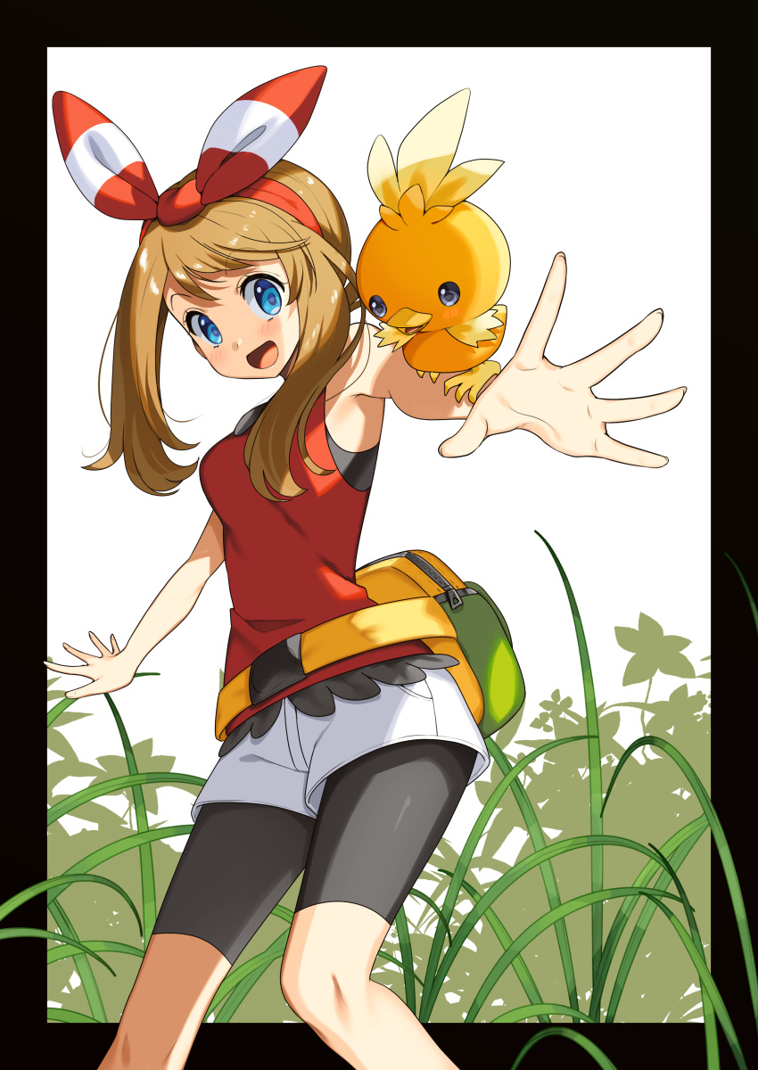 1girl :d absurdres bag bike_shorts bike_shorts_under_shorts blue_eyes breasts brown_hair cowboy_shot eyebrows_visible_through_hair gen_3_pokemon grass hair_ribbon highres looking_at_viewer may_(pokemon) medium_breasts open_mouth outstretched_arms outstretched_hand plant pokemon pokemon_(creature) red_tank_top ribbon short_hair short_hair_with_long_locks shorts sidelocks smile starter_pokemon tank_top torchic white_background white_shorts yuihico