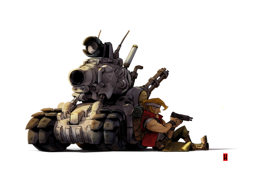 1boy blonde_hair boots commentary gatling_gun ground_vehicle gun harymachinegun headband highres holding holding_gun holding_weapon knee_boots male_focus marco_rossi metal_slug military military_vehicle motor_vehicle open_clothes open_vest red_vest simple_background sitting solo sv001_(metal_slug) tank vest weapon white_background white_headband wristband