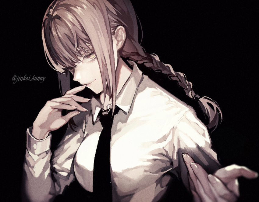 1girl bangs black_background black_neckwear braid braided_ponytail breasts business_suit chainsaw_man collared_shirt formal koshika_rina long_sleeves looking_at_viewer makima_(chainsaw_man) medium_breasts medium_hair necktie neckwear ringed_eyes shirt simple_background smile solo suit twitter_username upper_body white_shirt