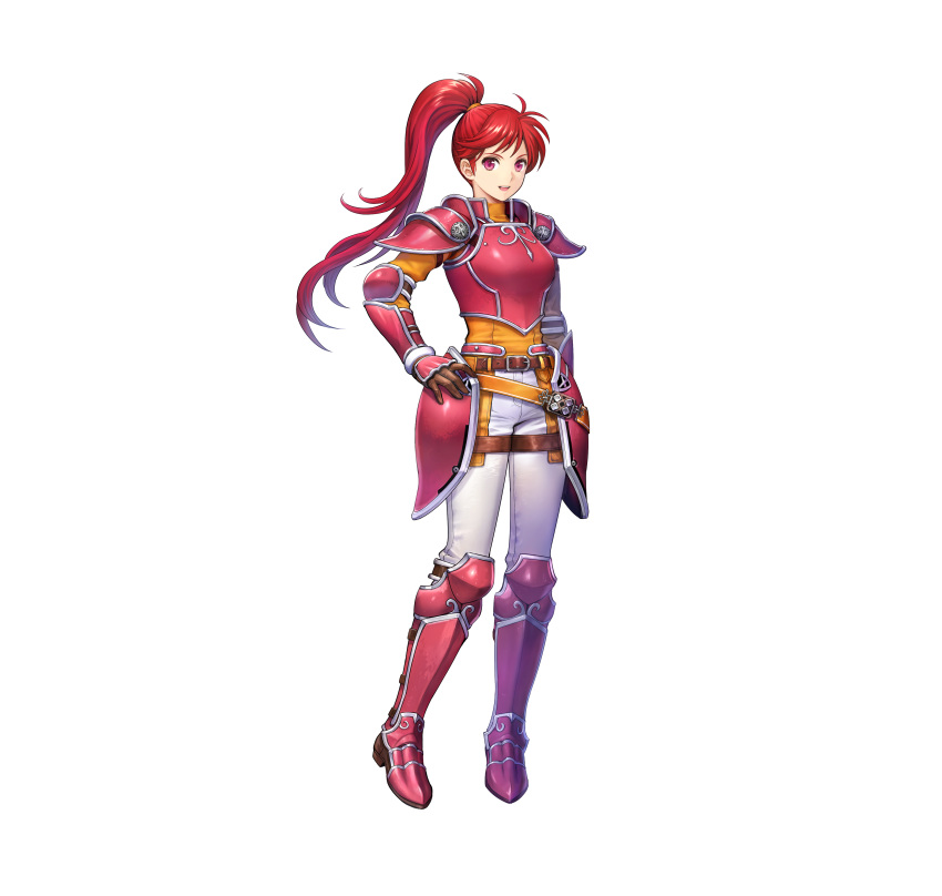 1girl absurdres armor armored_boots asatani_tomoyo bangs belt boots breastplate commentary_request elbow_pads fire_emblem fire_emblem:_path_of_radiance fire_emblem_heroes gauntlets hand_up high_ponytail highres jill_(fire_emblem) long_hair long_sleeves looking_at_viewer official_art open_mouth pants ponytail red_eyes redhead shiny shiny_hair shoulder_armor simple_background smile solo standing tied_hair white_background white_pants
