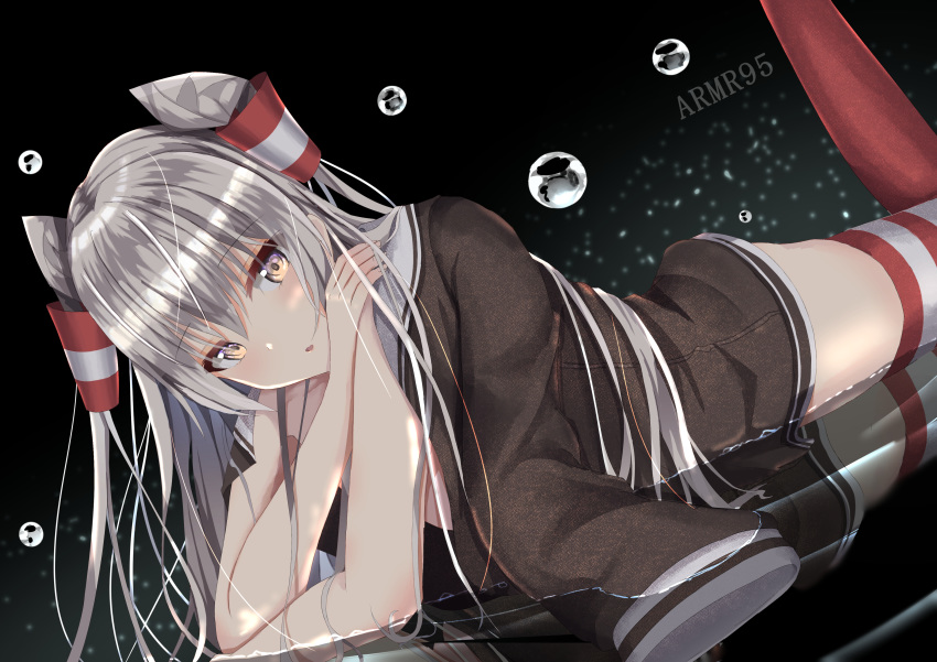 1girl :o absurdres amatsukaze_(kantai_collection) araishi_maro blush brown_eyes brown_shirt dark_background dutch_angle foot_up gradient gradient_background hair_tubes highres kantai_collection long_hair long_sleeves looking_at_viewer naked_shirt open_clothes open_shirt parted_lips red_legwear reflection shirt shirt_on_shoulders silver_hair solo striped striped_legwear twintails very_long_hair water_drop