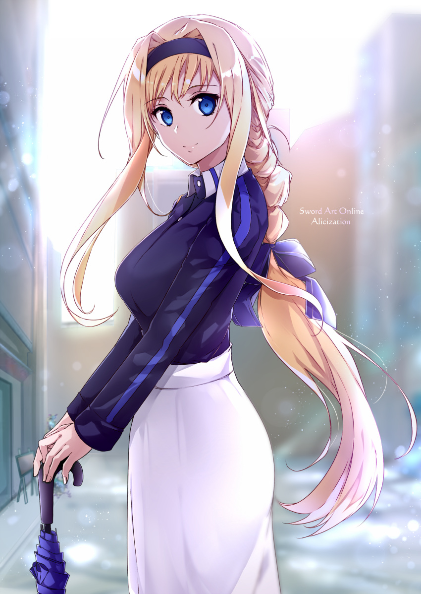 1girl alice_zuberg blonde_hair blue_bow blue_eyes blue_hairband blue_shirt blurry blurry_background bow braid facing_to_the_side hair_bow hairband highres holding long_hair long_sleeves looking_at_viewer outdoors shi-2 shirt shirt_tucked_in sidelocks skirt smile solo sword_art_online sword_art_online:_alicization umbrella very_long_hair white_skirt